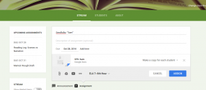 Google Classroom homepage showing how a teacher creates an assignment